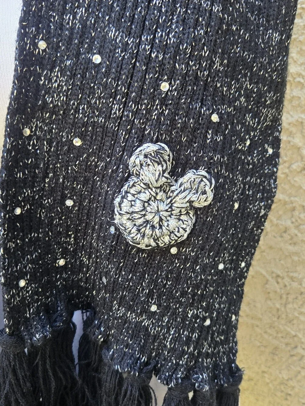 Disney Black Speckled Knit Scarf with Sequin Motif